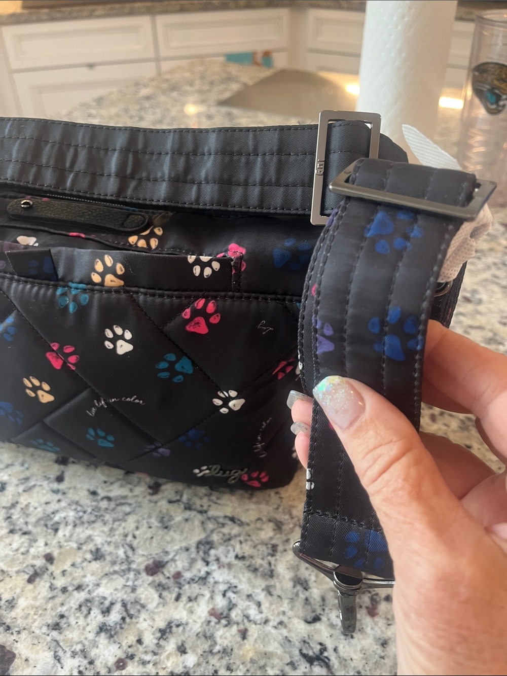 lug navy Blue Quilted Crossbody with Multicolor Paw Prints - Picture 3 of 9